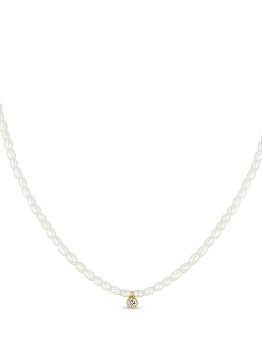 14K Diamond Pendant Rice Pearl Necklace
