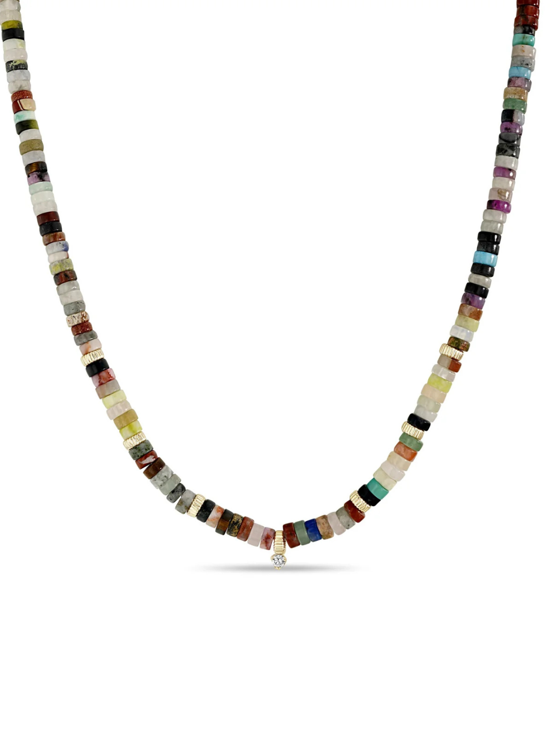 14k Gold & Mixed Gemstone Heishi Bead Necklace with Prong Diamond