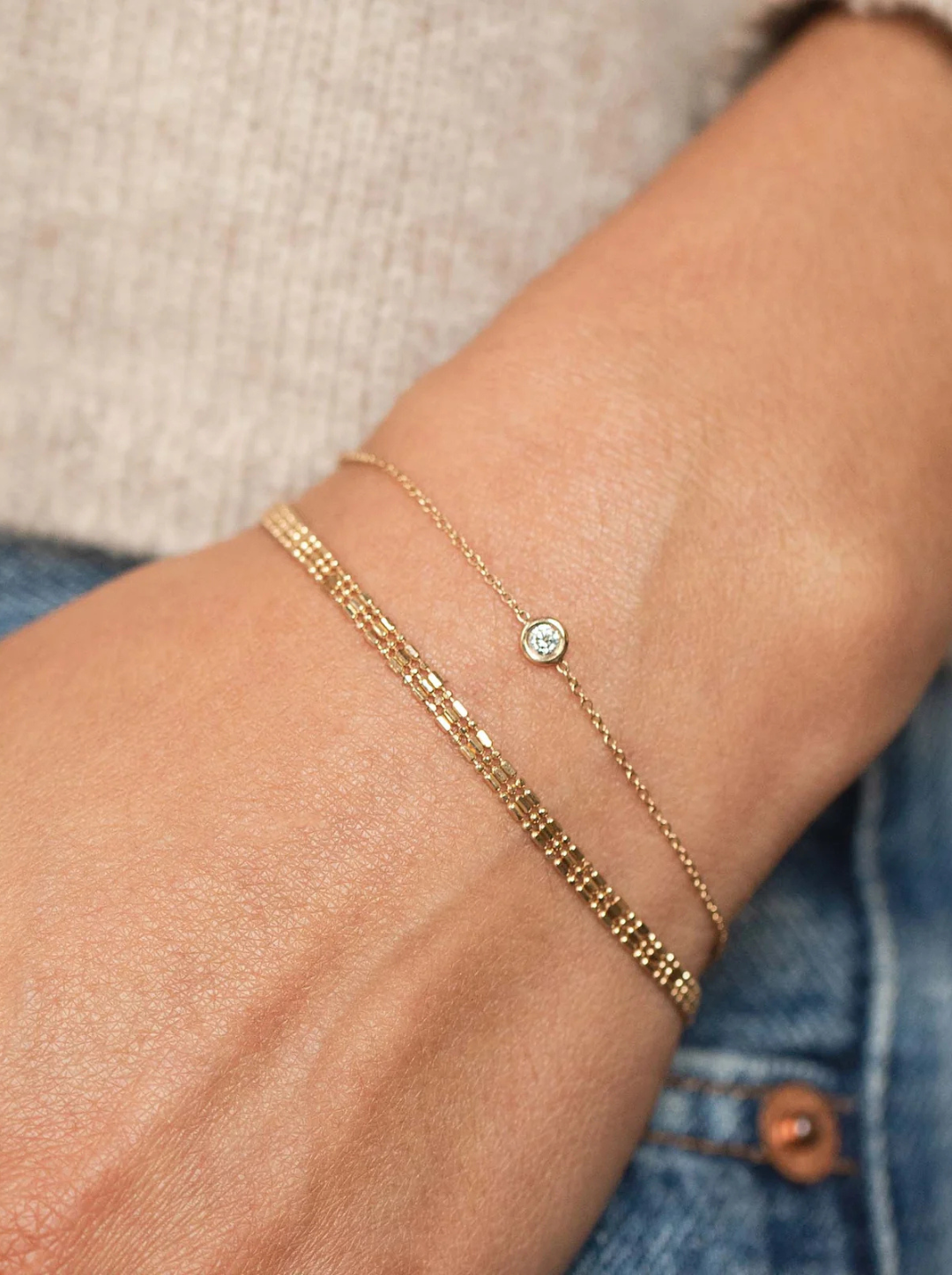 14k Gold Triple Strand Tube Bar Chain Bracelet