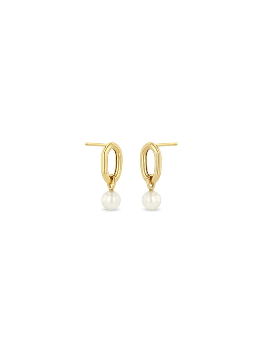 14k Single Extra Large Square Oval Link & Pearl Drop Earrings