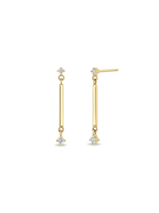 14k Gold Bar & 2 Prong Diamond Drop Earrings