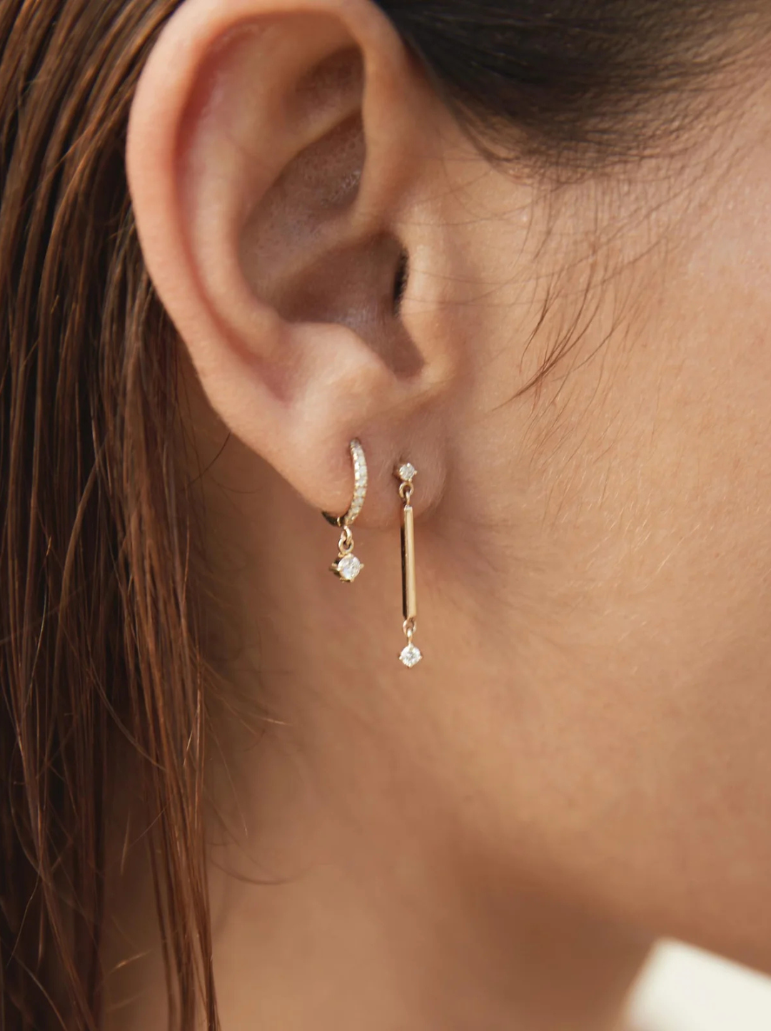 14k Gold Bar & 2 Prong Diamond Drop Earrings