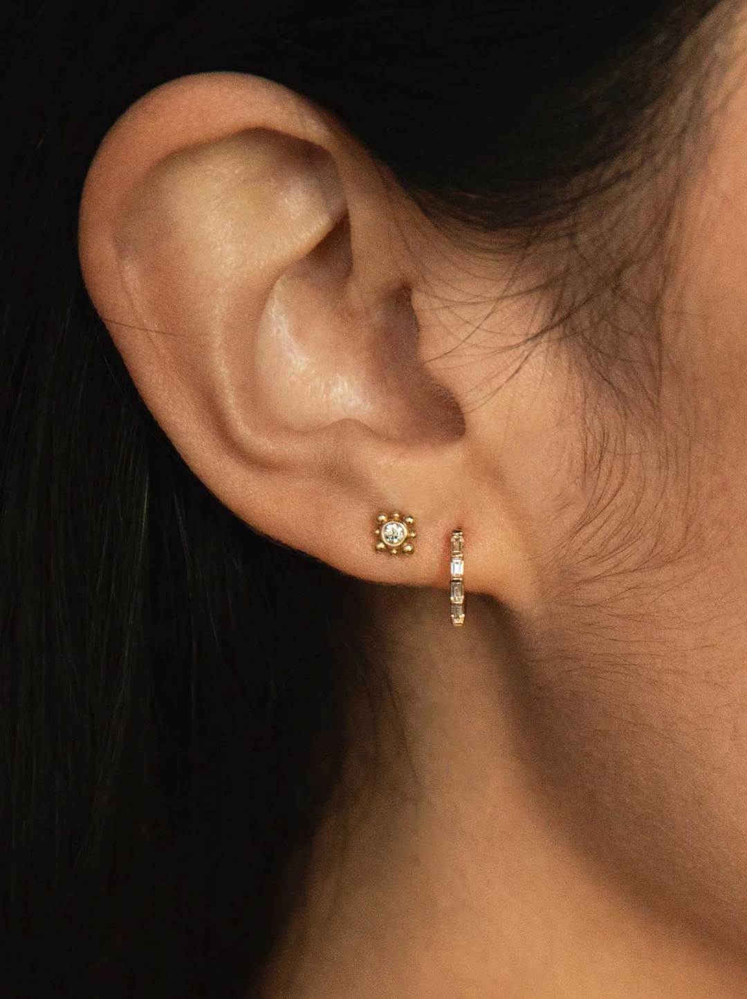 14k Baguette Diamond Hinge Huggie Hoops