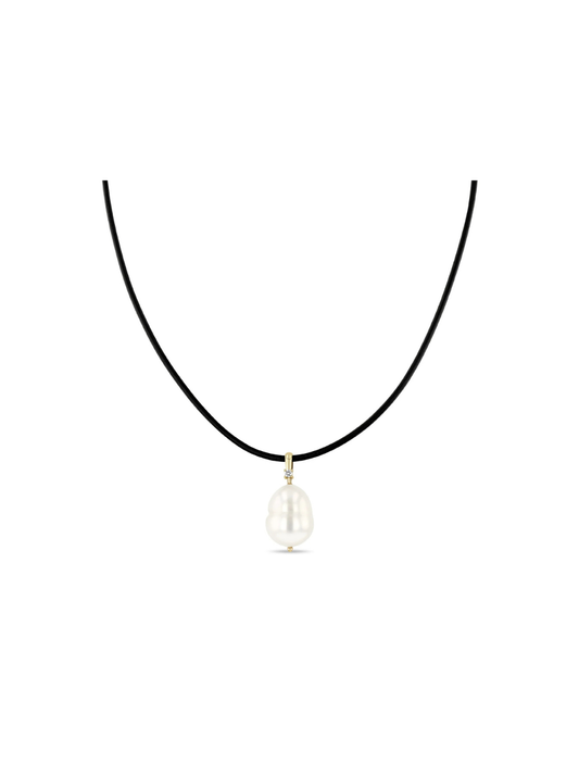 14k Baroque Pearl & Diamond Bail Pendant Leather Cord Necklace