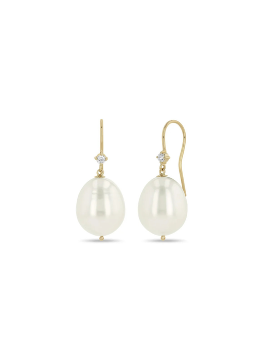 14k Prong Diamond & Baroque Pearl Wire Earrings