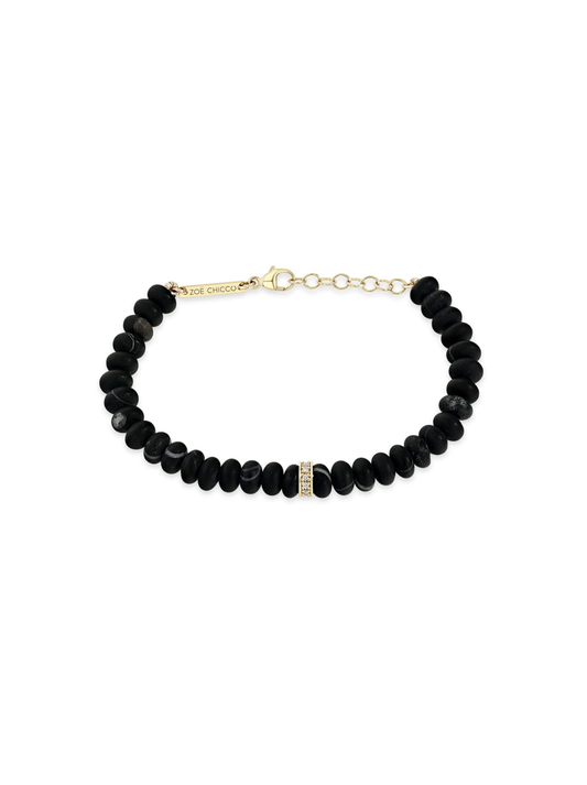 14k Pavé Diamond Gold & Matte Black Agate Rondelle Bead Bracelet