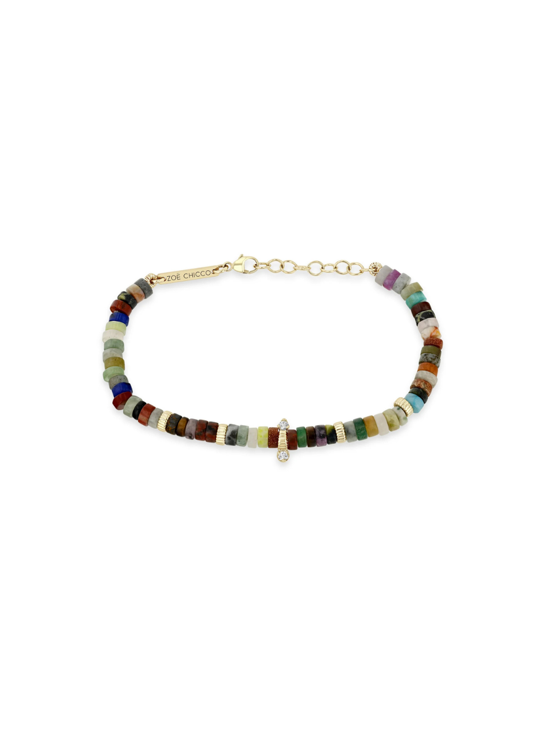 14k Gold & Mixed Gemstone Heishi Bead Bracelet with 2 Prong Diamonds