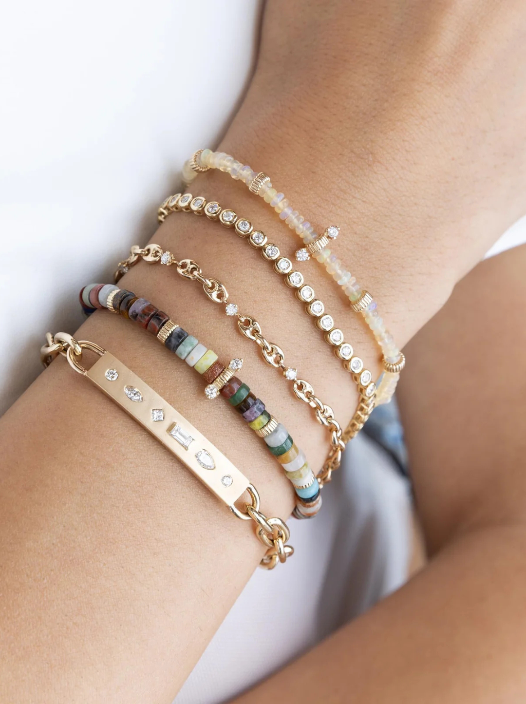 14k Gold & Mixed Gemstone Heishi Bead Bracelet with 2 Prong Diamonds