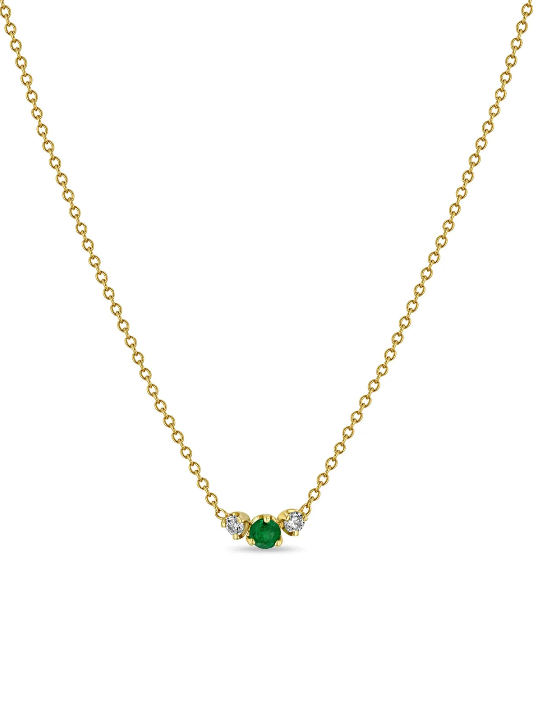 14k Mixed Prong Emerald & Diamond Trio Necklace