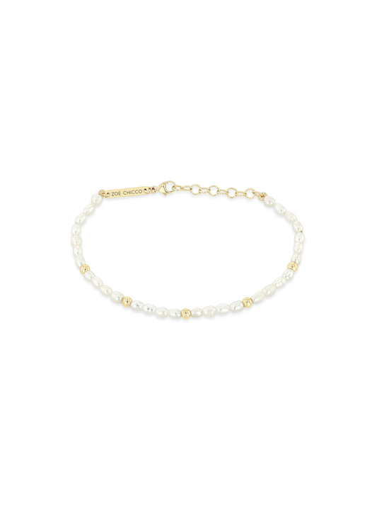 14k Gold Bead Station Rice Pearl Bracelet
